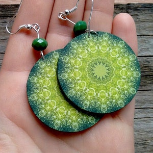 Green mandala Earrings, Green swirl mandala, deoupage earrings, green kaleidoscope, Elegant green big earrings