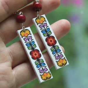 Folk decoupage earrings, blue flowers earrings, blue folk earrings, blue earrings, long earrings