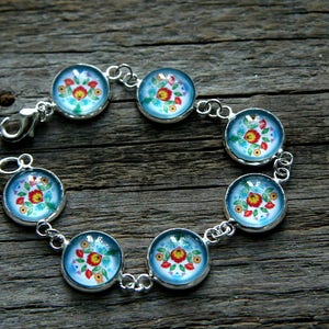 Polish folk blue flower bracelet, Slvaic bracelet, Polish cutout, Folk flowers on a bracelet