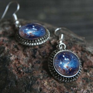 Blue galaxy earrings, Blue Nebula earrings, nebula in silver ornamental frame, space earrings, blue star earrings, cosmic earrings