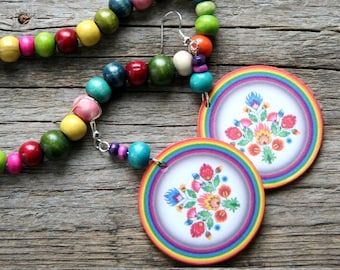 Polskie kolczyki folk, Polska sztuka ludowa, polskie kolczyki, Rainbow kolczyki, Floral Rainbow, polskie kolczyki kwiatowe, polskie kwiaty ludowe