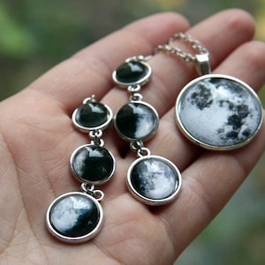 Moon phases earrins and pendant, moon earrings, moon pendant, Galaxy earrings, nebula earrings, cosmic jewelry set, moon jewelry set