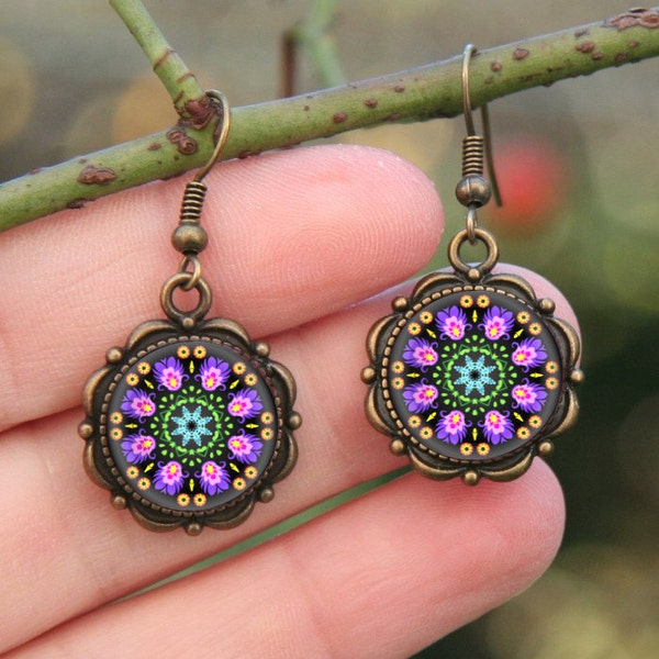 Folk Mandala Earrings, Polish cutout earrings, Polish folk art, Polish earrings, Violet earrings, flower romantic earring, valentine's