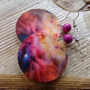Galaxy Nebula earrings, Pink nebula, star earring, nebula jewelry, big round earrings, pink earring, astronomy earrings, gift for her