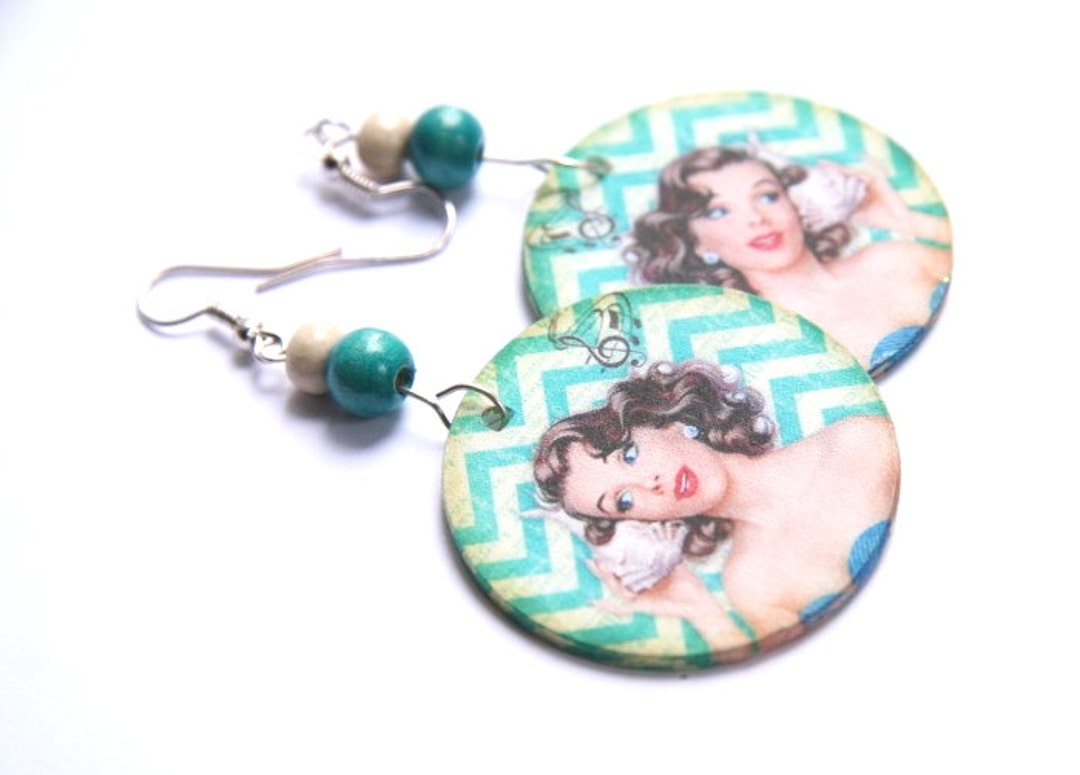 Decoupage Earrings, Pin up Girl, Retro Earrings, Bohemian Earrings