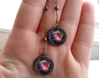 Born of the stars earrings, Long hanging galaxy earrings, Black galaxy earrings, Space cloud earrings, black and red, space earrings