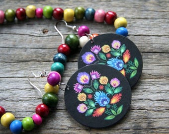 Polish folk earrings, Polish folk art, Polish earrings, Earrings with flowers, color flowers on black, big black earrings