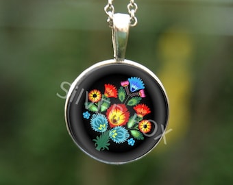 Polish folk pendant, Polish pendant, Flowers on black, Black and red, folk mandala, polish pendant, Folk pendant