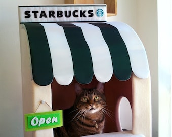 Starbucks coffee shop cat house, coffee bar cat furniture, gift for cat, Barista cat cave, cafeteria fast food cat furniture