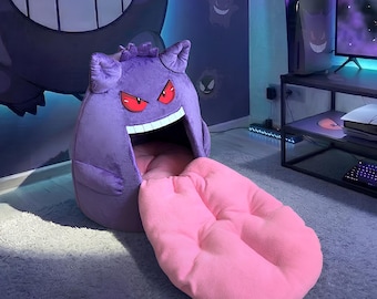 Gengar Pokemon Plush Cat Bed, Anime Pet House with Tongue Pillow