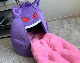 Gengar Pokemon Plush cat bed, indoor pet furniture, Dog Nest, Kids Gift idea, Cat house, Small dog, anime Tongue cave present for cat lovers