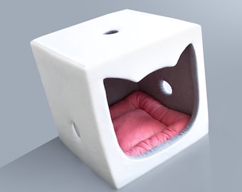 White Cube Cat House: Modern Design with Pillow, Custom Colors