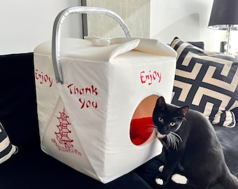 Caja de comida china para llevar casa para gatos, muebles para gatos, comida rápida japonesa para llevar, caja para gato, regalo para mascota pequeña, Pagoda China, Caja blanca