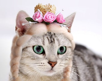 Cat Princess Wig: Golden Crown & Braids, Pet Costume