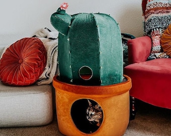 Plush Cactus Cat Bed: Warm Pet House, Modern Cat Cave
