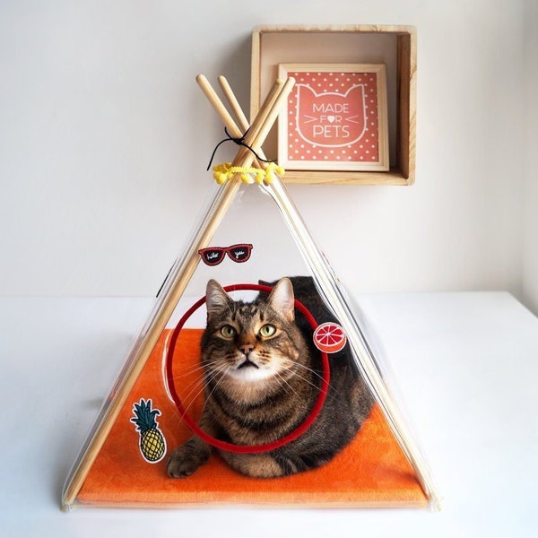 Cat teepee, Transparent WigWam, Patches, Stickers, Cat bed, Pet furniture, Cat house, Pet tent, Cat tent, Christmas gift idea, Wooden house