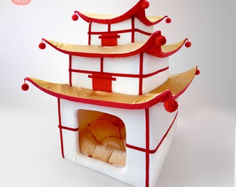 Katzenhaus Japanische Pagode, XXL Bett für Katze, Weihnachtsgeschenk für Katze, Haustiermöbel, Katze Tipi, kleines Hundebett, Geschenkidee, Hundebett, Großes Haus