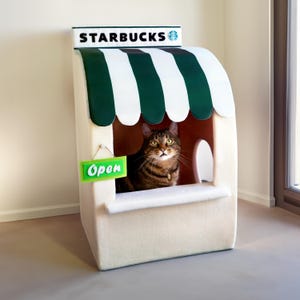 Domek dla kota w kawiarni Starbucks, meble dla kotów w kawiarni, prezent dla kota, jaskinia dla kota Barista, meble dla kotów w kawiarni typu fast food