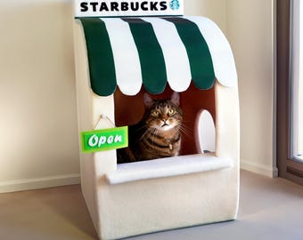 Starbucks Coffee Shop Cat House: Fleece Barista Cat Cave