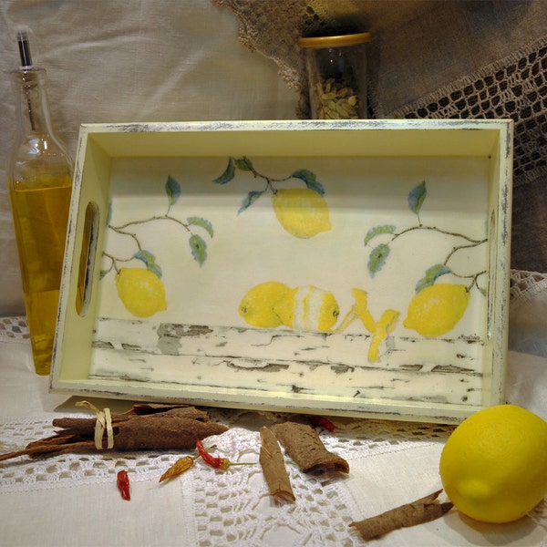 Serving tray, lemons, rustic style, cofee, tea tray, cookies, teabread tray, decoupage