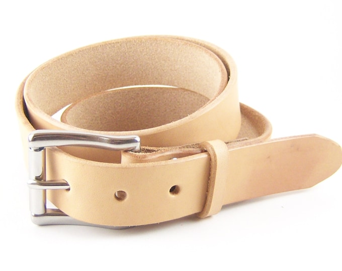 Featured listing image: Natural leather belt 1.25 inches wide with stainless steel buckle