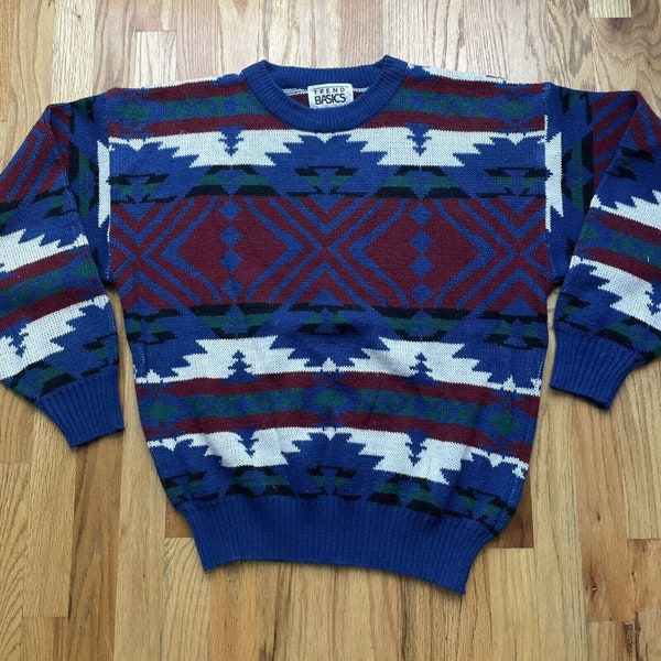 Herren Vintage 90er Jahre Trend Basics Tribal Aztec All Over Print Crewneck Sweater Gr. L