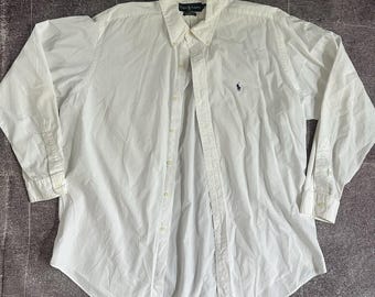 Polo da uomo vintage anni '90 Ralph Lauren bianca a maniche lunghe, vestibilità classica, taglia XL