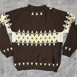 Men&#39;s Vintage 70&#39;s Turn 4 Brown White Acrylic Tribal Aztec Crewneck Sweater Sz M