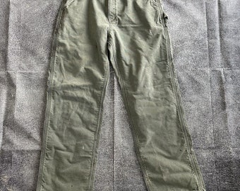 Hombre Vintage 90's Carhartt USA Moss Green Duck franela forrado pantalón de trabajo Sz 36 34