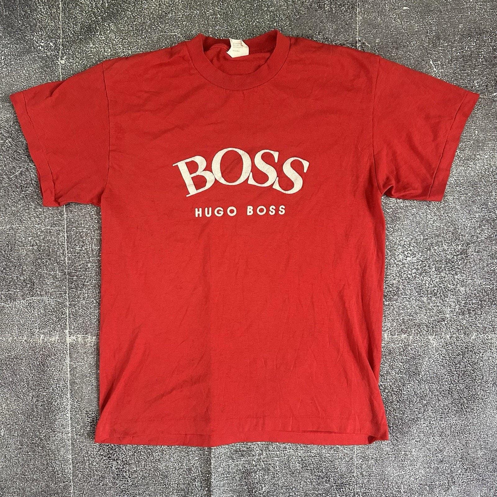 Men's Vintage 80's Hugo Boss Sports Red White Spell Out Graphic T