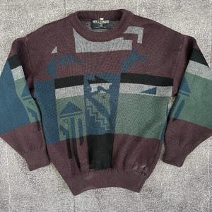 Herr vintage 90-tals Kellerman Maroon Tribal Aztec Color Block skidtröja storlek S