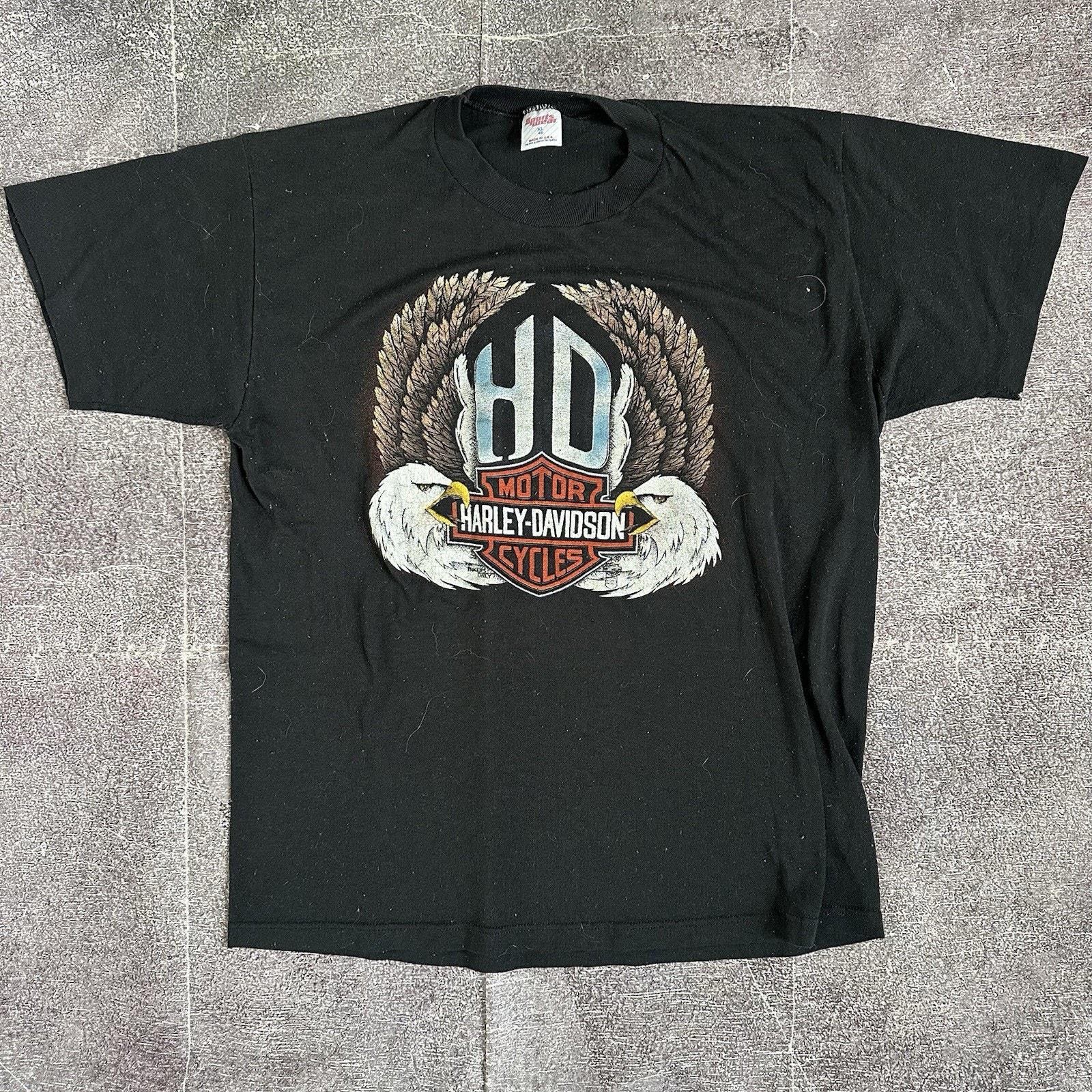 Mens Vintage 80s Harley Davidson Motorcycles Black Eagle Wings T