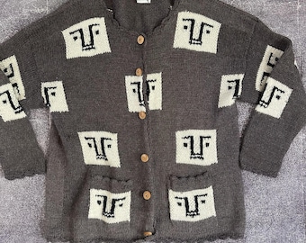 Women's Vintage Y2K Little Journeys Alpaca Wool Cow Faces Oversized Cardigan Sweater Sz L