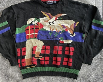 Mens Vintage 90s CF Hathaway Duck Hunting Hand Knit All Over Print Sweater Sz XL