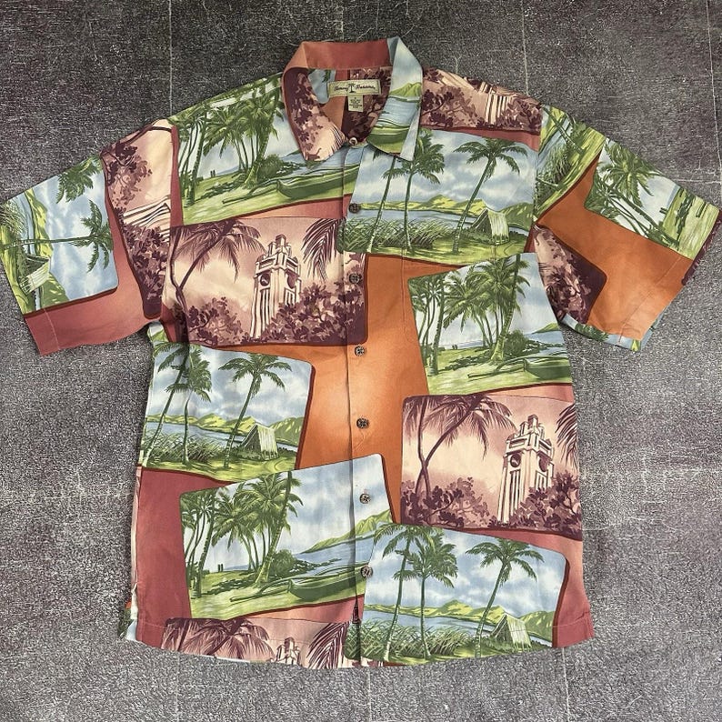 Men's Vintage Y2K Tommy Bahama Silk All Over Print Hawaiian AOP Polo Shirt Sz S image 1