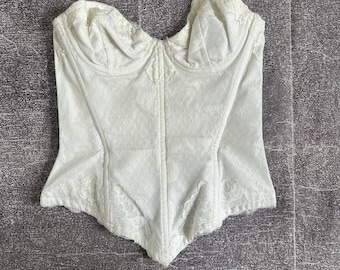 Dam vintage 1950-tals Warner Merry Widow blommig elfenbensvit korsett med ben, storlek S