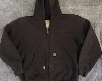Men's Vintage Carhartt J149 Thermal Lined Full Zip Faded Hoodie Sweatshirt Sz L