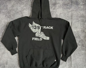 Herren Vintage 90er Jahre Russell Athletic USA Black Track & Field Hoodie Sweatshirt XL