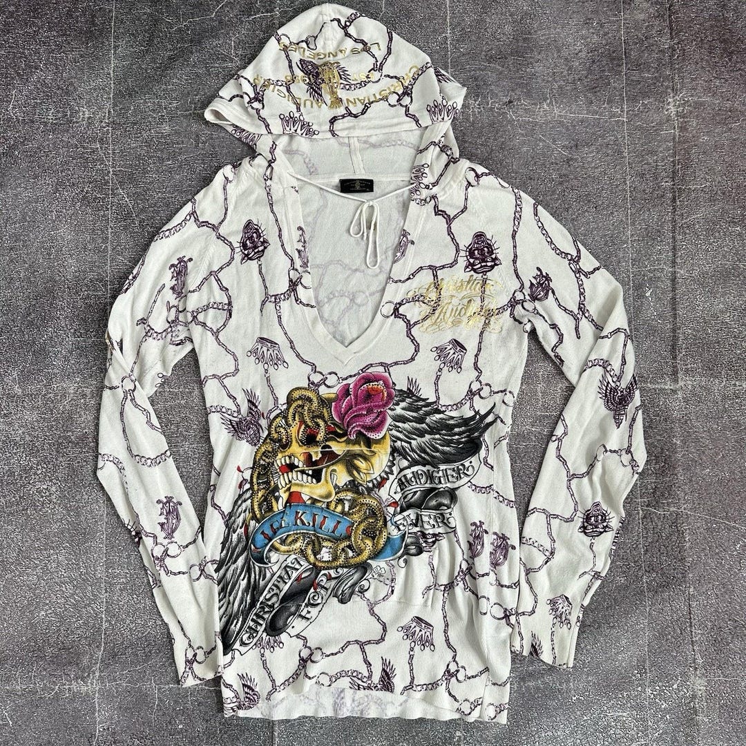 Women's Vintage Y2K Christian Audigier Ed Hardy White Hoodie