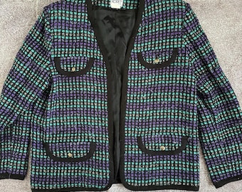 Blazer feminino vintage Koret USA dos anos 80 em lã mista nas cores roxo, azul e cinza, tamanho 14.