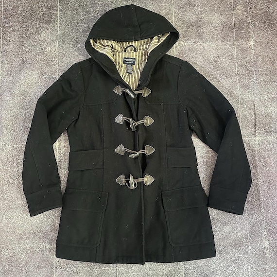 Women's Vintage Y2K American Eagle Black Wool Toggle Hooded Pea