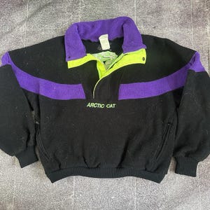 Men's Vintage 90's Arctic Cat Snowmobiles Purple Black Fleece Bomber Jacket Sz M image 1