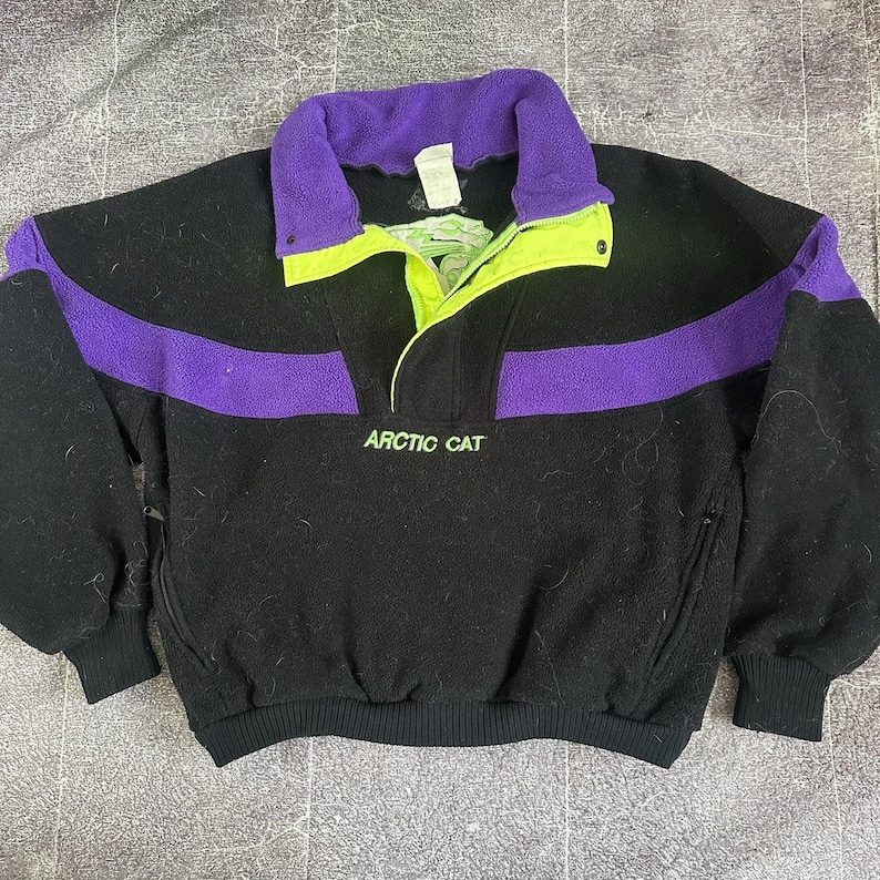 Men's Vintage 90's Arctic Cat Snowmobiles Purple Black Fleece Bomber Jacket Sz M image 1