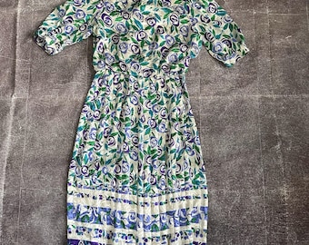 Vestido vintage Adrianna Papell de los años 70, 100 % seda, blanco y morado, con estampado floral, talla L
