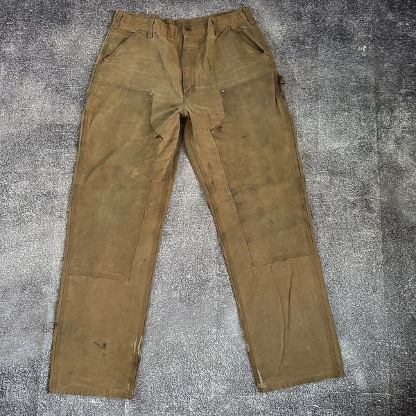 Men's Vintage Carhartt Washed Duck Double Front Knee Brown Work Pants Sz 38 X 34