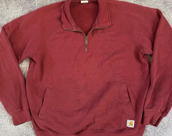 Felpa da uomo vintage Carhartt di peso medio, colore bordeaux, con cerniera a un quarto, taglia L.