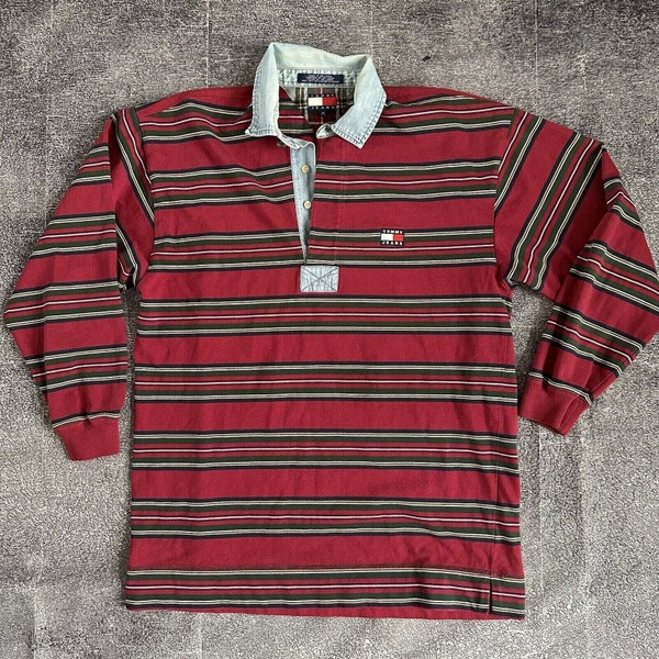 Men's Vintage 90's Tommy Hilfiger Jeans Red Plaid Long Sleeve Polo Shirt Sz M