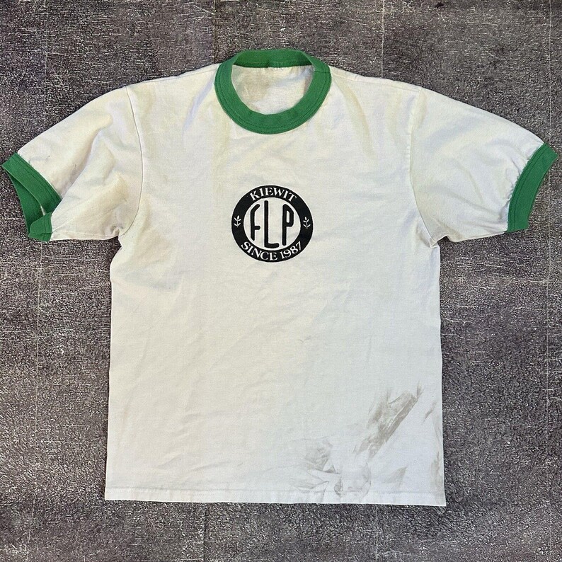 Men's Vintage 90's Kiewit Construction FLP White Green Ringer T Shirt ...