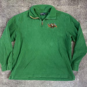 Men&#39;s Vintage 90s Polo Ralph Lauren Green 1/4 Zip Big Logo Luxury Sweater Sz 2XL