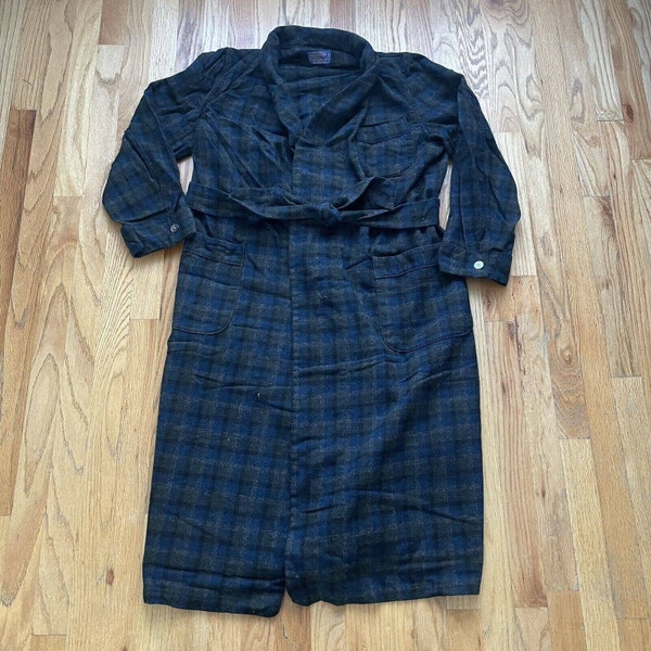 Men's Vintage 80's Pendleton USA Navy Blue Gray Plaid Wool Belted Bath Robe Sz M